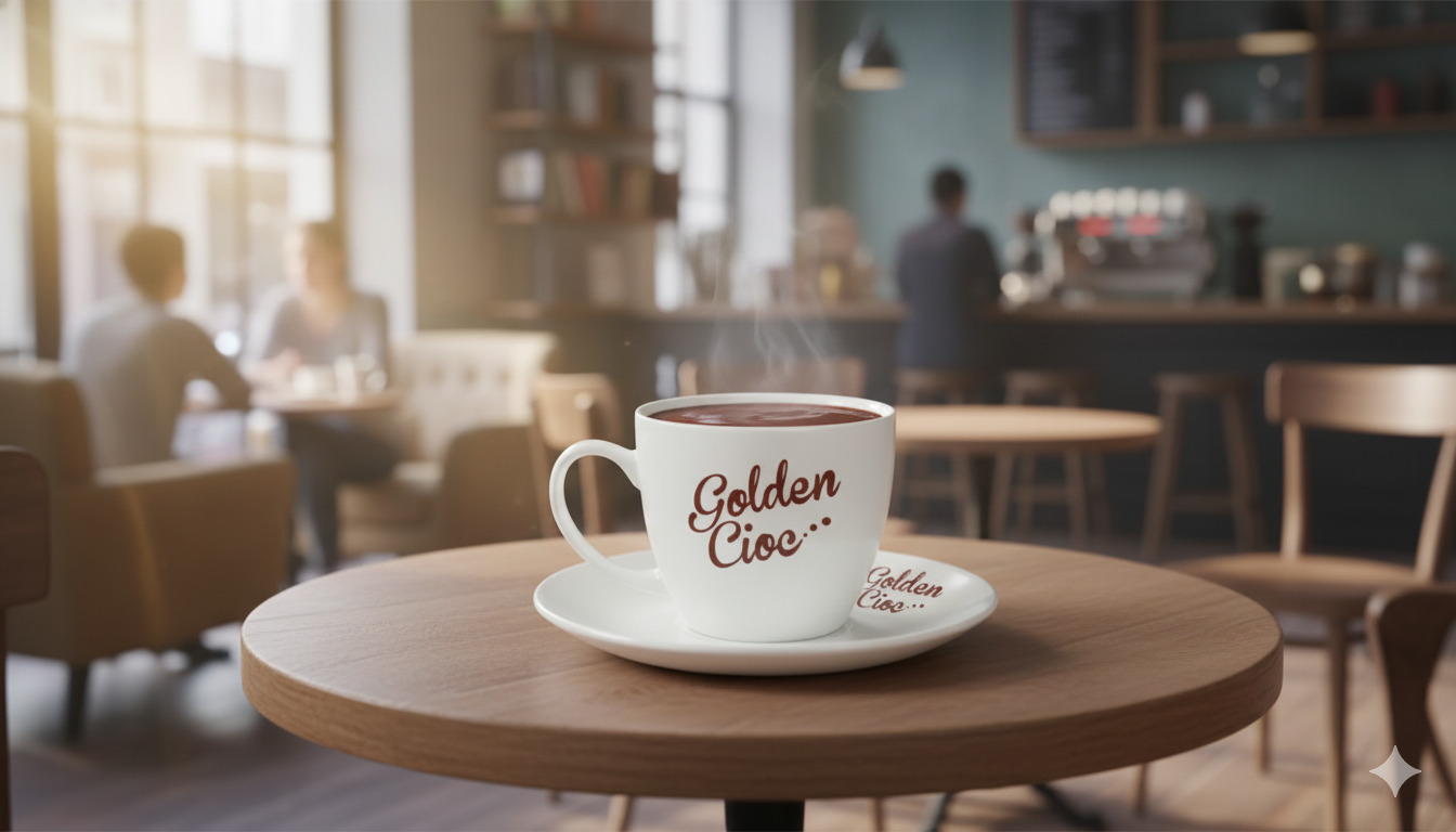 Filiżanka parującej gorącej czekolady Golden Cioc na drewnianym stoliku w kawiarni
